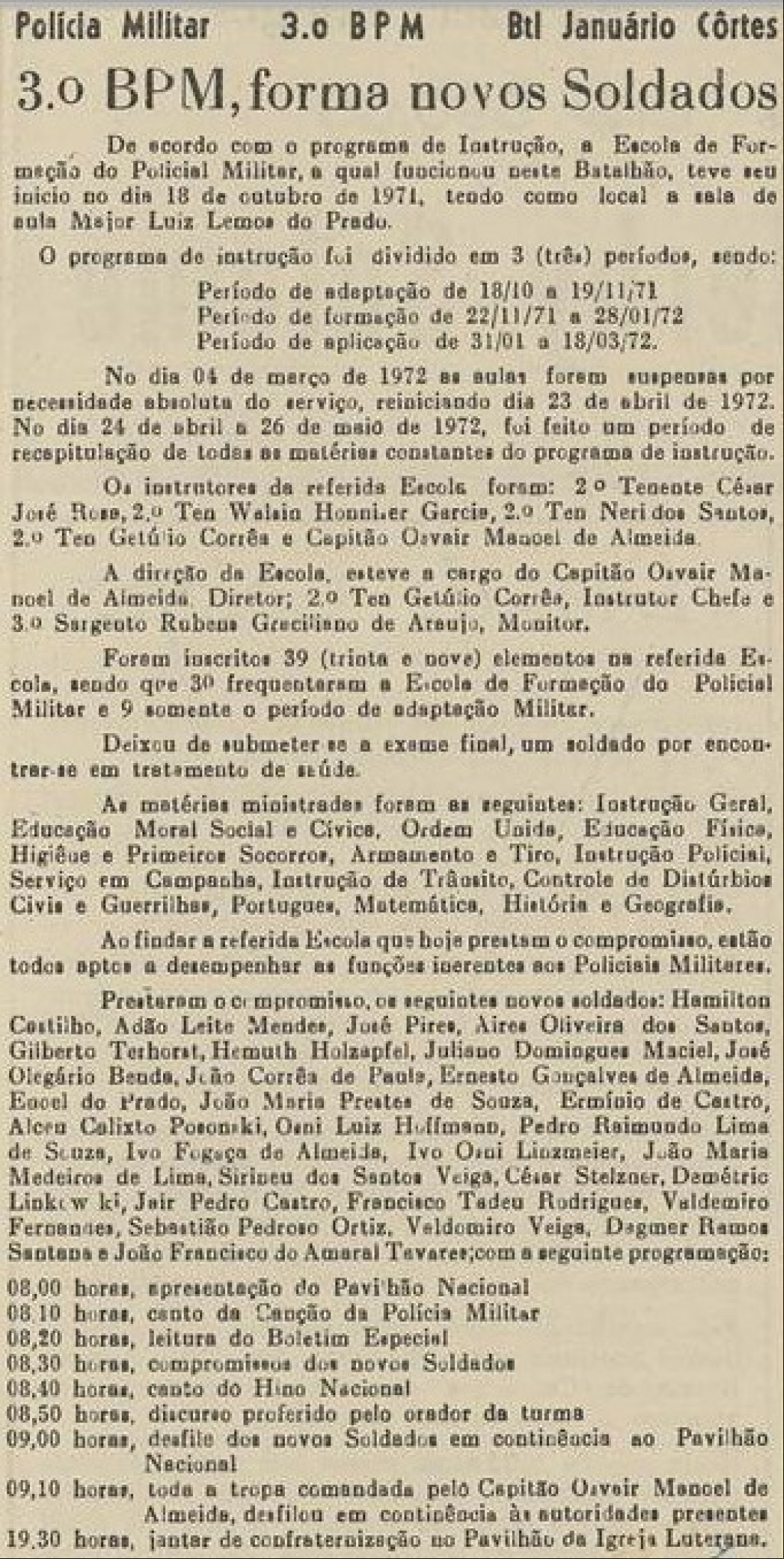 Reportagem sobre a formatura de soldados. 3ºBPM. Jornal Correio do Norte de 22 de julho de 1972